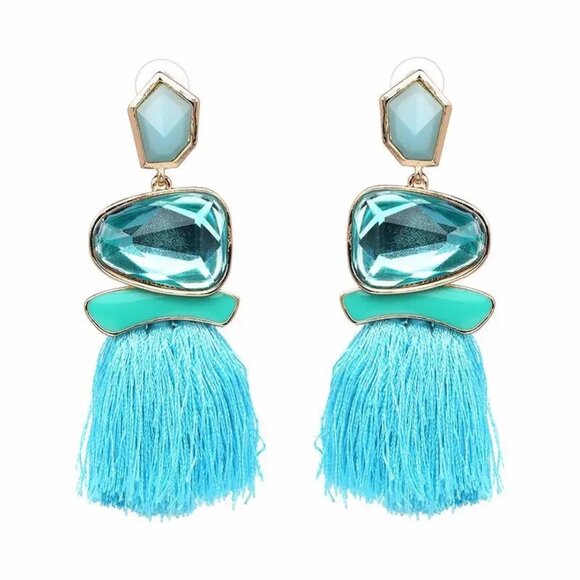 Unbranded Jewelry - Boho Statement Tassel Earrings Green Gem Blue Fringe 3.5”
